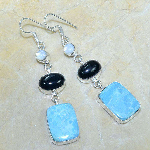 AMAZING HOWLITE, ONYX, MOTHER OF PEARL NATURAL GEMSTONES 925 SILVER DROP EARRINGS 2.75"