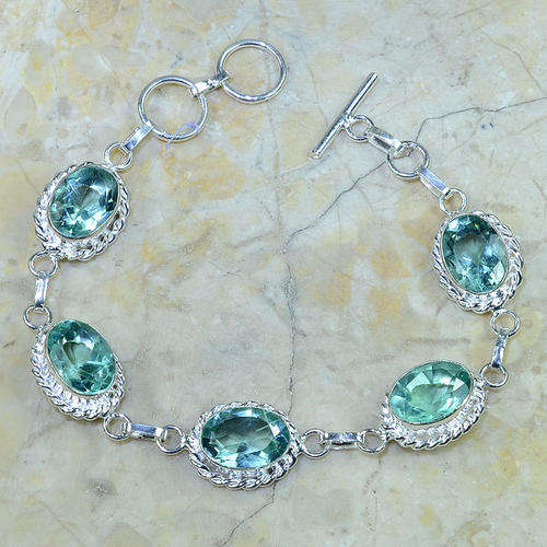 EXQUISITE AQUAMARINE BLUE QUARTZ NATURAL GEMSTONE 925 SILVER BRACELET 7.75-8.25"