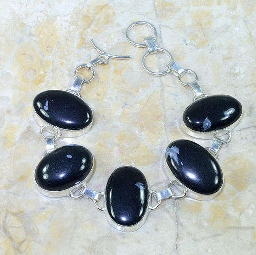 FABULOUS SNOWFLAKE OBSIDIAN NATURAL GEMSTONE 925 SILVER BRACELET 7.75-8.5"