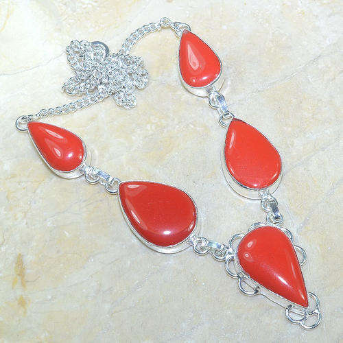 GRAB IT!!! EXCEPTIONAL RED CORAL NATURAL GEMSTONE 925 SILVER NECKLACE 19"
