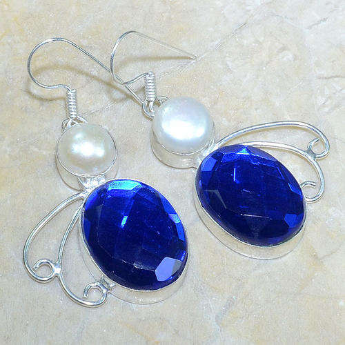 EXCEPTIONAL CHECKERBOARD CUT MYSTIC TOPAZ, MABE PEARL NATURAL GEMSTONES 925 SILVER EARRINGS 2.25"