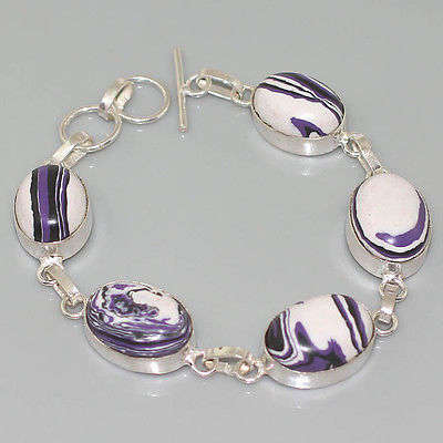 UNIQUE COLOURING MOSAIC JASPER NATURAL GEMSTONE 925 SILVER BRACELET 7.25-8"