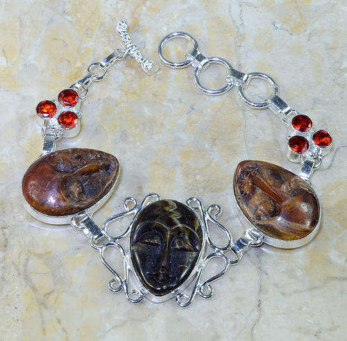 VERY IMPRESSIVE CARVED JASPER & GARNET RED QUARTZ NATURAL GEMSTONE 925 SILVER BRACELET 7.75-9"