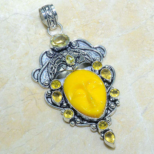 MAGNIFICENT CARVED YELLOW AGATE, CITRINE NATURAL GEMSTONE 925 SILVER PENDANT 3.75"