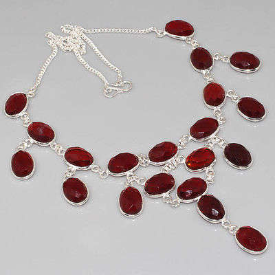 EXCEPTIONAL CHECKERBOARD CUT GARNET RED QUARTZ NATURAL GEMSTONE 925 SILVER NECKLACE 18"