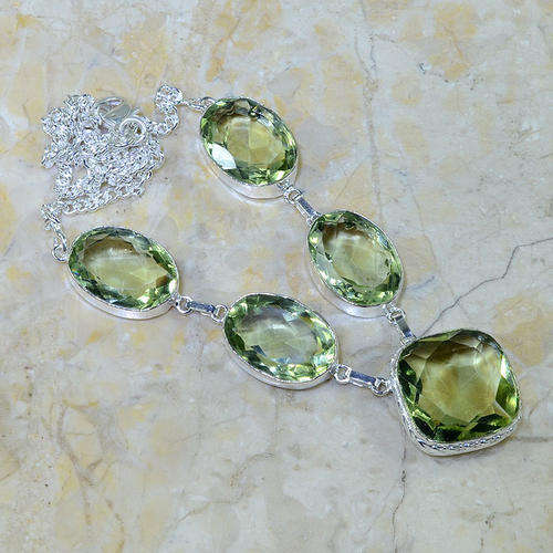 TOP QUALITY GREEN AMETHYST (PRASIOLITE) NATURAL GEMSTONE 925 SILVER NECKLACE 19.5"