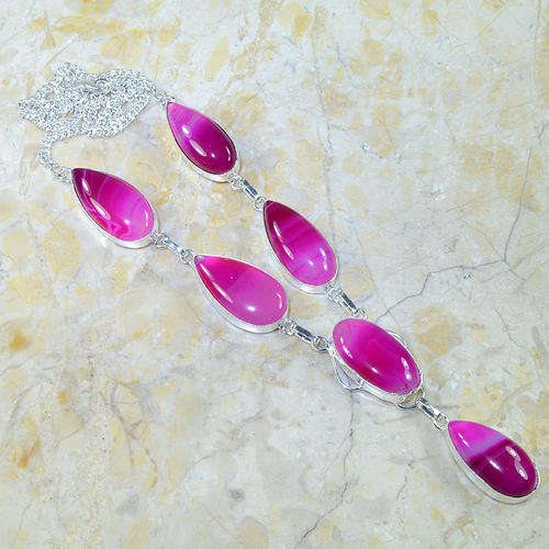 OUTSTANDING SHADES OF PINK BOTSWANA AGATE NATURAL GEMSTONE 925 SILVER NECKLACE 21.25"