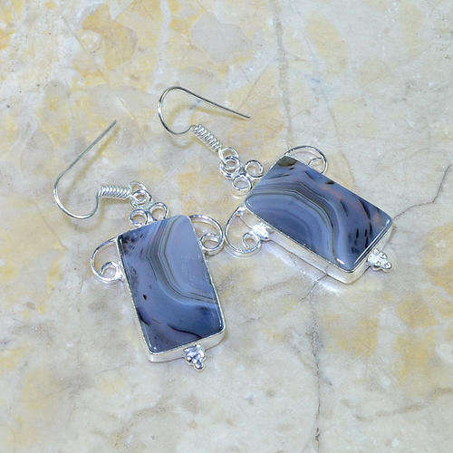 MAGNIFICENT SHADES OF GREY BOTSWANA AGATE NATURAL GEMSTONE 925 SILVER EARRINGS 2"