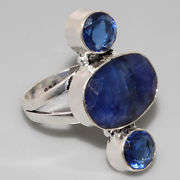 100% NATURAL RAW EARTH MINED BLUE SAPPHIRE & BLUE QUARTZ GEMSTONE 925 SILVER RING #6.5