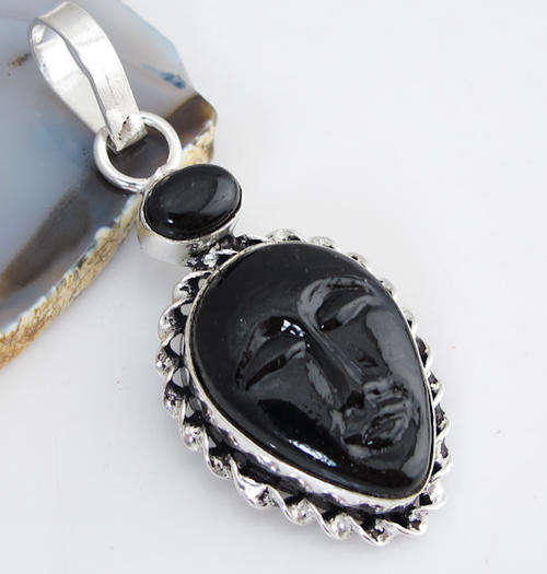 EXCEPTIONAL CARVED BLACK ONYX NATURAL GEMSTONE 925 SILVER PENDANT 2"
