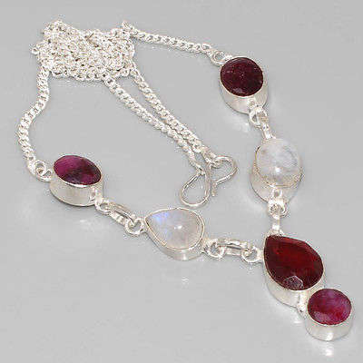 IMPRESSIVE RUBY, RAINBOW MOONSTONE NATURAL GEMSTONE 925 SILVER NECKLACE 18"