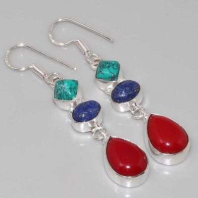 AWESOME RED CORAL, LAPIS LAZULI, TURQUOISE NATURAL GEMSTONE 925 SILVER DROP EARRINGS 2.25" - G65947