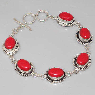 VIBRANT RED CORAL VINTAGE SETTING NATURAL GEMSTONE 925 SILVER BRACELET 8.25-8.75"