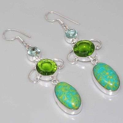 MOSAIC JASPER, PERIDOT GREEN QUARTZ, GREEN AMETHYST NATURAL GEMSTONE 925 SILVER DROP EARRINGS 2.75"