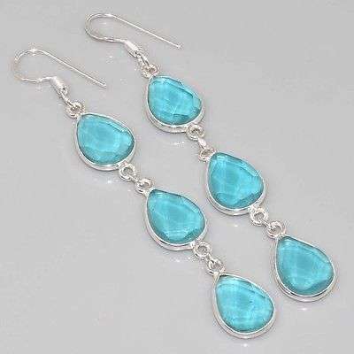 STUNNING CHECKERBOARD CUT NEON BLUE QUARTZ NATURAL GEMSTONE 925 SILVER DROP EARRINGS 3.25"