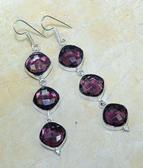 EXCEPTIONAL CHECKERBOARD CUT PURPLE AMETHYST NATURAL GEMSTONE 925 SILVER DROP EARRINGS 3.75"