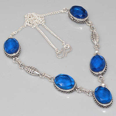STUNNER - CHECKERBOARD CUT TANZANITE BLUE QUARTZ NATURAL GEMSTONE 925 SILVER NECKLACE 19"