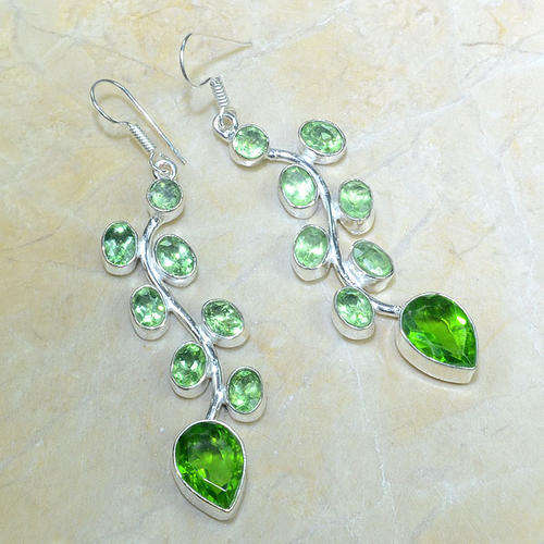 PERIDOT GREEN QUARTZ, GREEN AMETHYST (PRASIOLITE) NATURAL GEMSTONE 925 SILVER DROP EARRINGS 3"