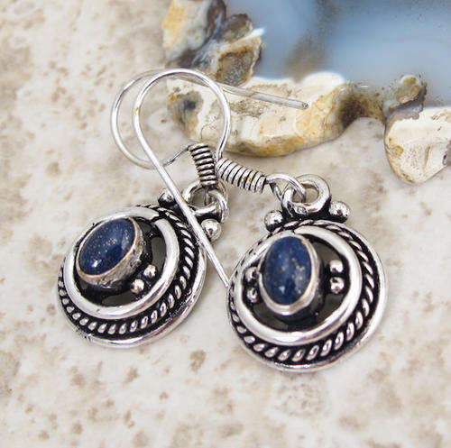 MAJESTIC VICTORIAN STYLED LAPIS LAZULI NATURAL GEMSTONE 925 SILVER EARRINGS 1.5"