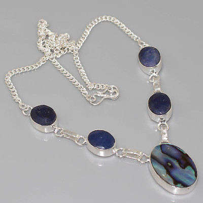 IMPRESSIVE ABALONE & FACETED RAW AFRICAN BLUE SAPPHIRE NATURAL GEMSTONE 925 SILVER NECKLACE 18"