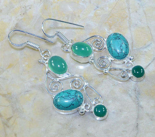 MEXICAN SPIDERWEB TURQUOISE, CHRYSOPRASE, JADE NATURAL GEMSTONE 925 SILVER EARRINGS 2.5"