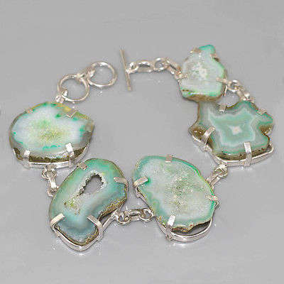 PHENOMENAL HISTORY BEHIND EACH GEM - GEODE SLICE NATURAL GEMSTONE 925 SILVER BRACELET 7.5-8"
