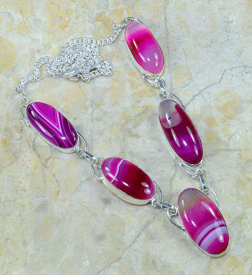 STUNNING & VIBRANT PINK ONYX NATURAL GEMSTONE 925 SILVER NECKLACE 21"