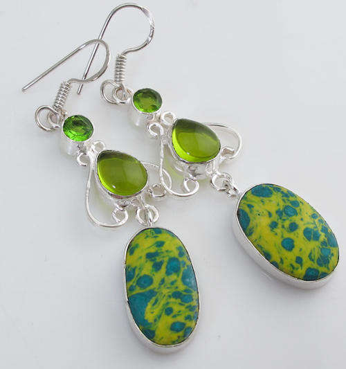 BEAUTIFUL PERIDOT GREEN QUARTZ, MOSAIC JASPER NATURAL GEMSTONE 925 SILVER DROP EARRINGS 2.5"