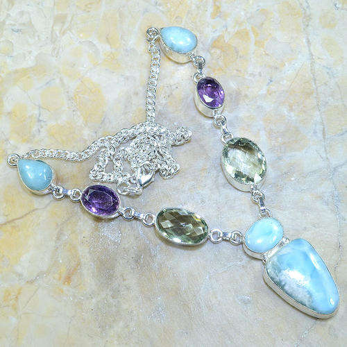 "QUEEN OF THE SEA" CARIBBEAN LARIMAR, GREEN & PURPLE AMETHYST NATURAL GEMS 925 SILVER NECKLACE 20.5"