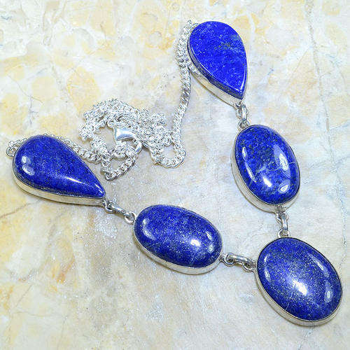 "LARGER GEMS" - LAPIS LAZULI WITH PYRITE NATURAL GEMSTONE 925 SILVER NECKLACE 21"