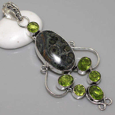 BREATHTAKING AFRICAN KAMBABA JASPER, PERIDOT GREEN QUARTZ NATURAL GEMSTONE 925 SILVER PENDANT 3"