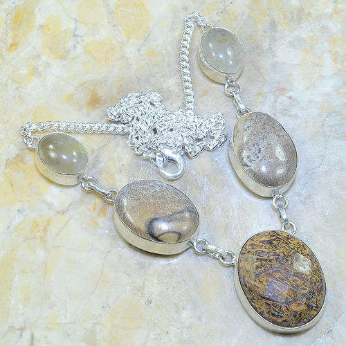ELEPHANT JASPER, PICTURE JASPER, GOLDEN HAIR RUTILE QUARTZ NATURAL GEMS 925 SILVER NECKLACE 21.5"