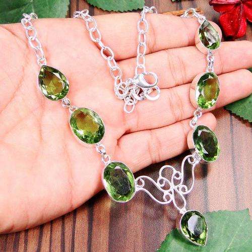 ELECTRIFYING PERIDOT GREEN QUARTZ NATURAL GEMSTONE 925 SILVER NECKLACE 18"