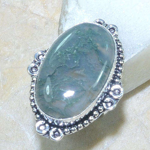 BEAUTIFUL DETAIL MOSS AGATE NATURAL GEMSTONE 925 SILVER RING #5.5