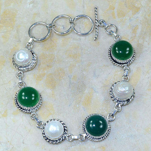 GLAMOROUS CHRYSOPRASE AND MABE PEARL NATURAL GEMSTONE 925 SILVER BRACELET 7.5-8.75"