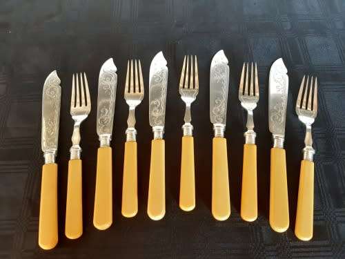 Antique 1903 Bone Handle EPNS Set of Fish Knives & Forks - Sterling Silver Collars