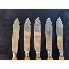 Antique 1903 Bone Handle EPNS Set of Fish Knives & Forks - Sterling Silver Collars