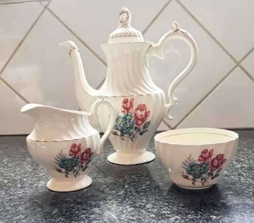 Incredible Vintage Cream Swirl Coffee Set With Roses - Made in England by MYOTT - Marked