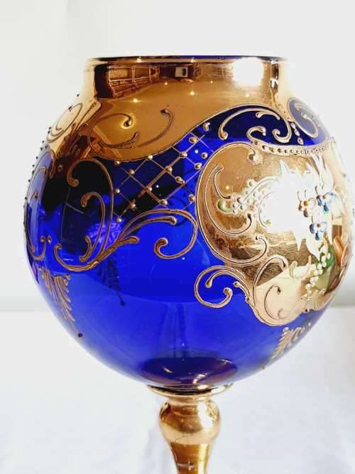 Exquisite Large Bohemian Hand Painted Venetian Cobalt Blue Goblet - Gilt and Tiny Raised Flowers