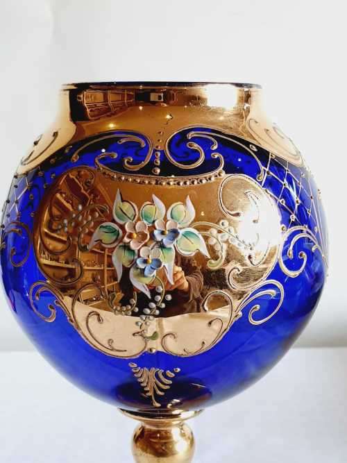 Exquisite Large Bohemian Hand Painted Venetian Cobalt Blue Goblet - Gilt and Tiny Raised Flowers