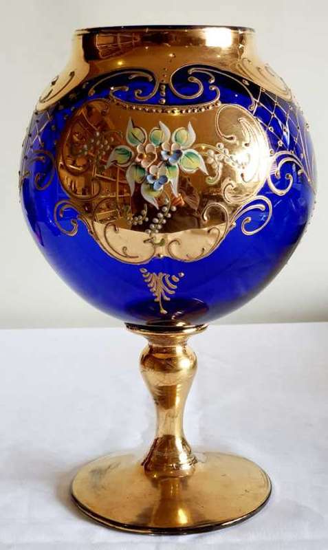 Exquisite Large Bohemian Hand Painted Venetian Cobalt Blue Goblet - Gilt and Tiny Raised Flowers