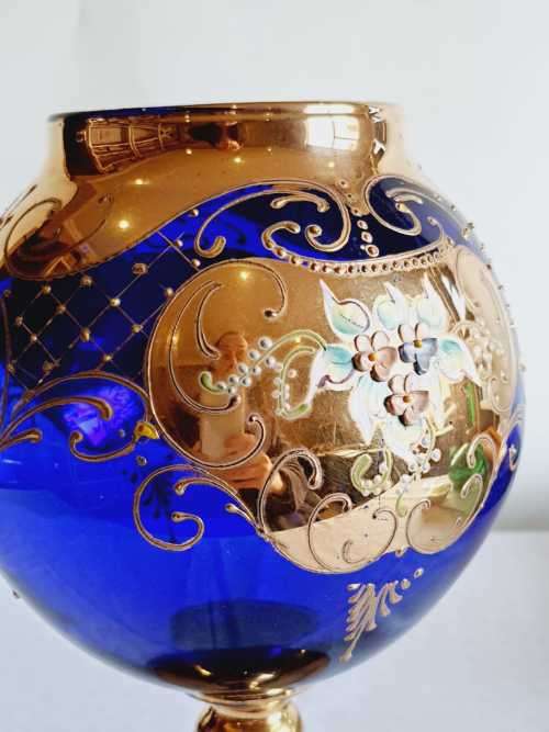 Exquisite Large Bohemian Hand Painted Venetian Cobalt Blue Goblet - Gilt and Tiny Raised Flowers