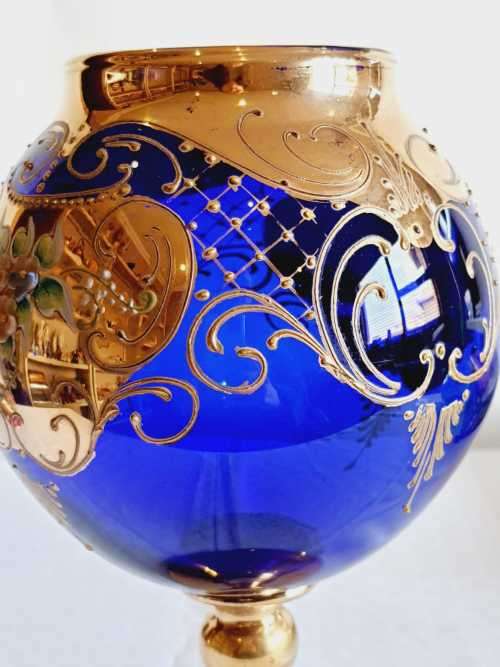 Exquisite Large Bohemian Hand Painted Venetian Cobalt Blue Goblet - Gilt and Tiny Raised Flowers