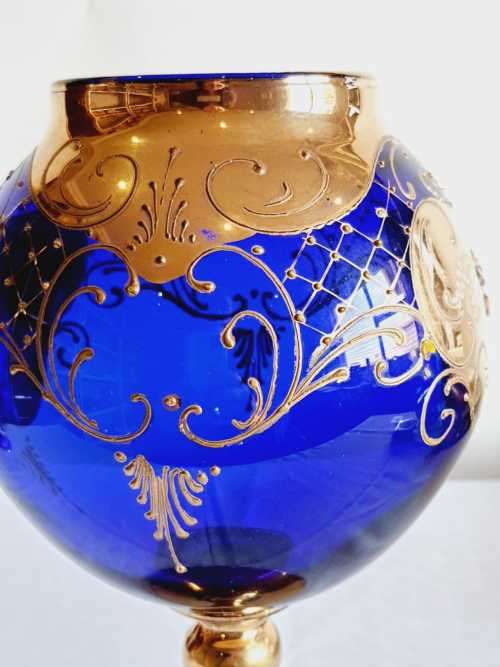 Exquisite Large Bohemian Hand Painted Venetian Cobalt Blue Goblet - Gilt and Tiny Raised Flowers