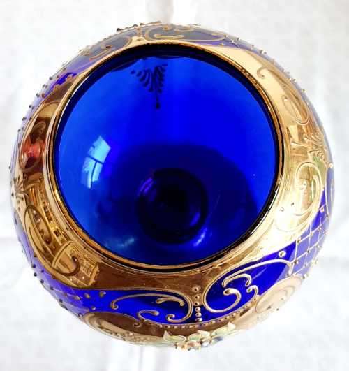 Exquisite Large Bohemian Hand Painted Venetian Cobalt Blue Goblet - Gilt and Tiny Raised Flowers