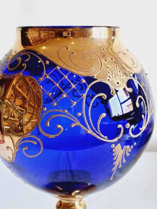Exquisite Large Bohemian Hand Painted Venetian Cobalt Blue Goblet - Gilt and Tiny Raised Flowers
