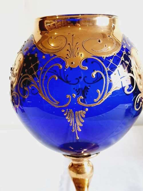 Exquisite Large Bohemian Hand Painted Venetian Cobalt Blue Goblet - Gilt and Tiny Raised Flowers