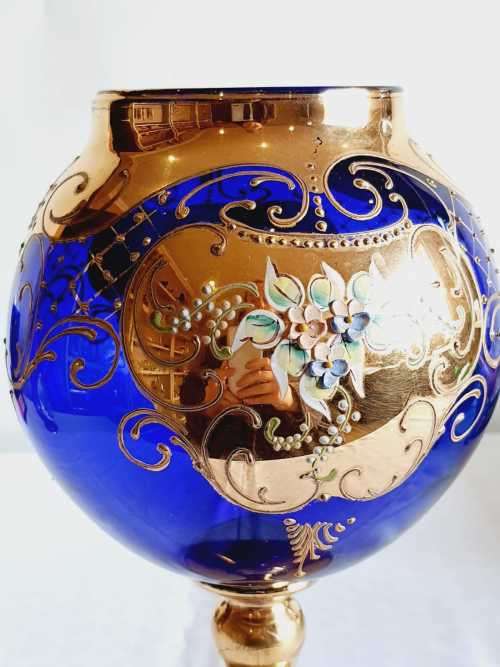 Exquisite Large Bohemian Hand Painted Venetian Cobalt Blue Goblet - Gilt and Tiny Raised Flowers