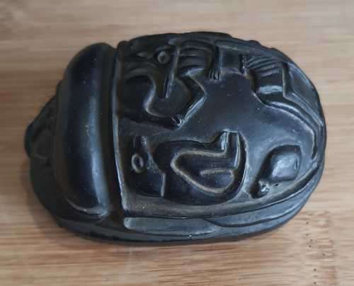 Vintage Hand Carved Stone Sculpture of Egyptian Scarab with Egyptian Details on it`s Back