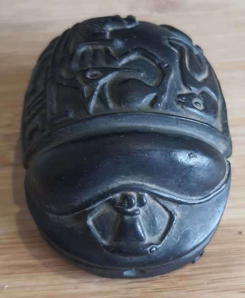 Vintage Hand Carved Stone Sculpture of Egyptian Scarab with Egyptian Details on it`s Back